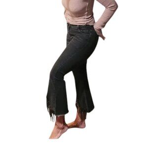 Blue B Collection Women's Black Beaded Fringe High-Waist Flared Jeans Size L